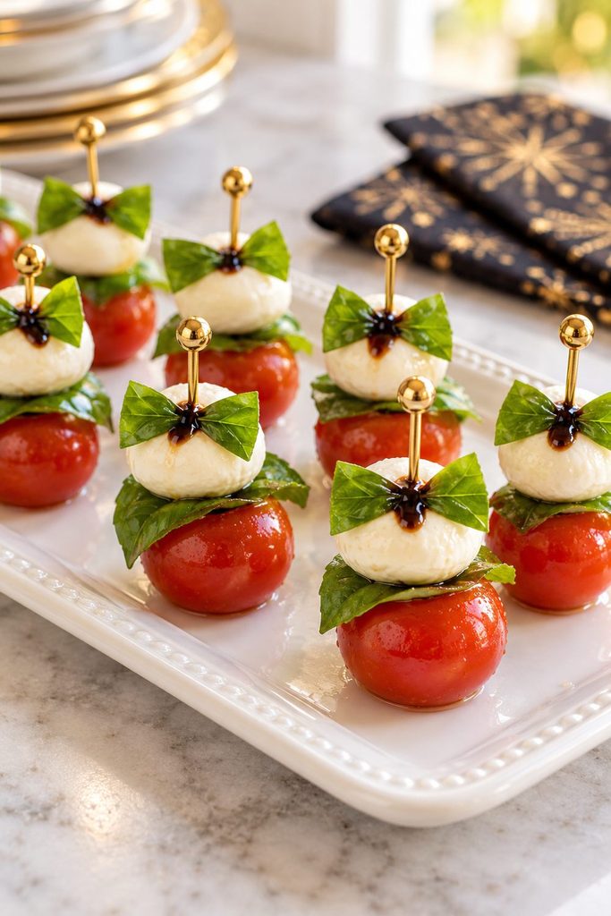 Caprese appetizer picks with cherry tomato, basil, and mozzarella ball wearing a tiny basil bow tie