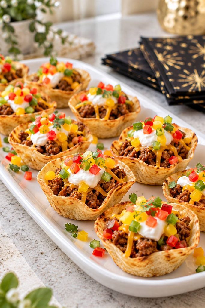 Crispy mini taco cups filled with taco meat and topped with cheese, sour cream, and confetti-like diced peppers