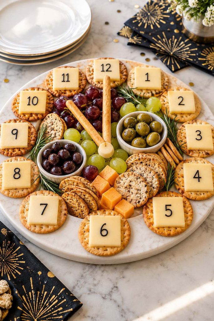 Round cheese and cracker board arranged like a clock with breadstick hands, grapes, and olives