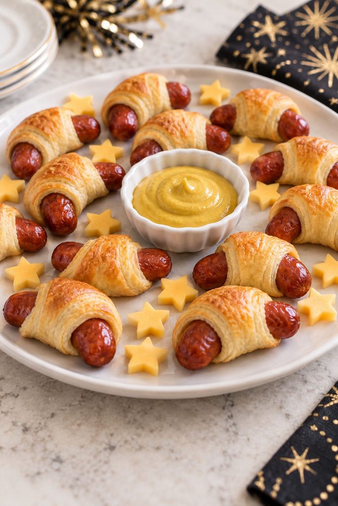 Curved crescent moon pigs in a blanket on a dark platter with cheese stars and a bowl of mustard