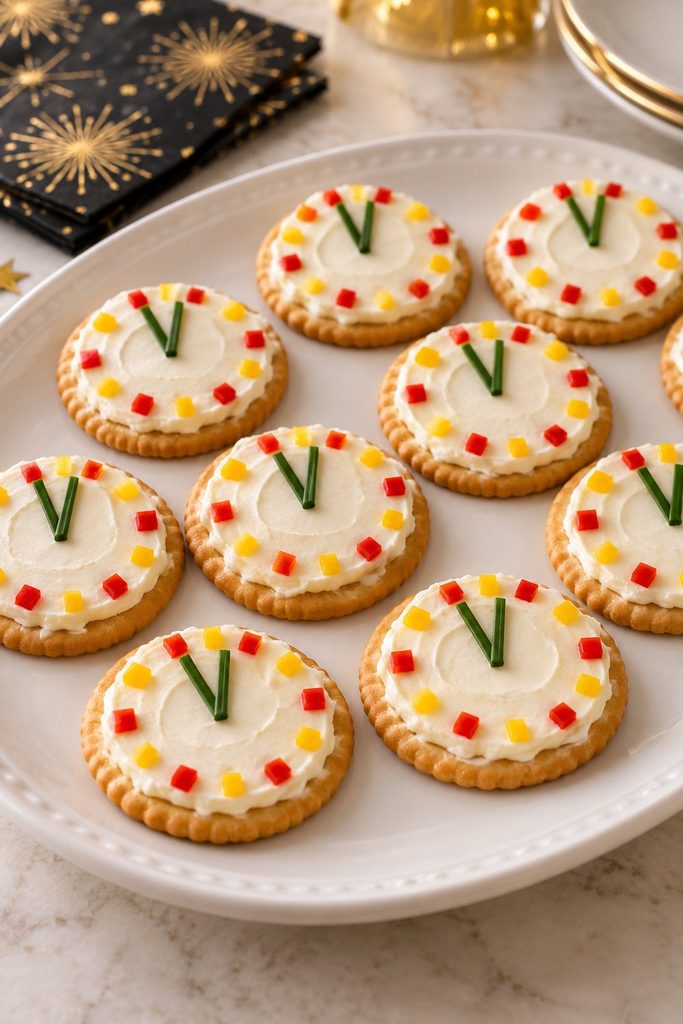 Round crackers spread with cream cheese and decorated with chive clock hands and diced pepper hour markers