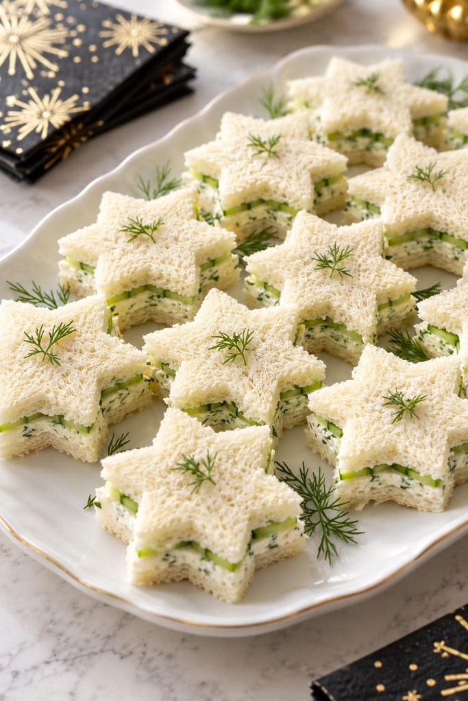 Star-shaped cucumber sandwiches with herbed cream cheese arranged in overlapping rows
