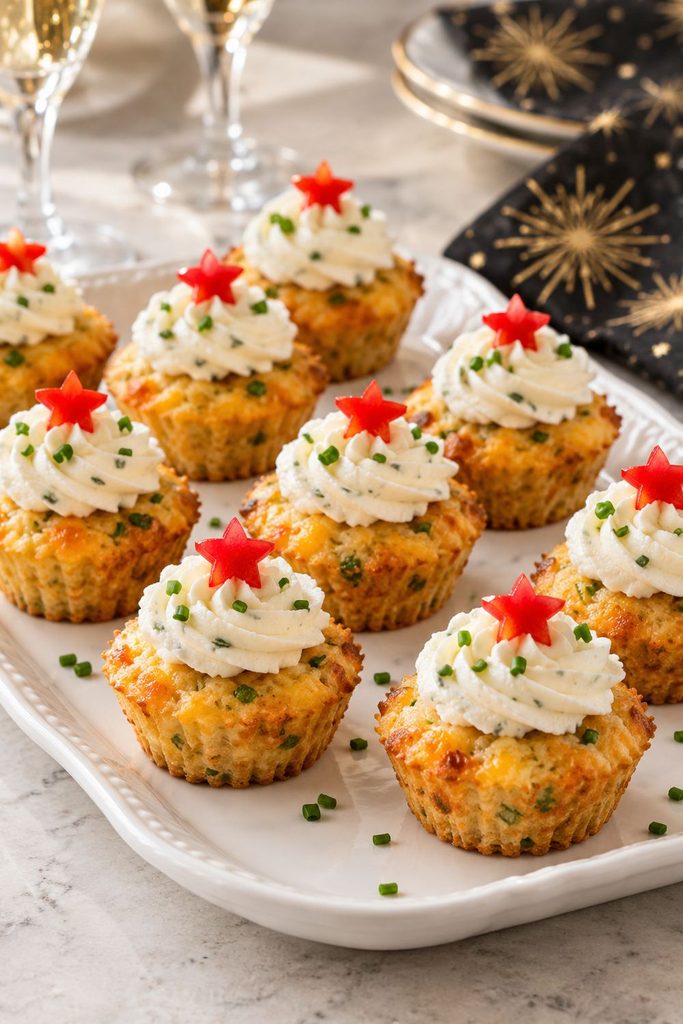 Mini cheddar chive savory muffins topped with swirls of whipped cream cheese and a tiny pepper star