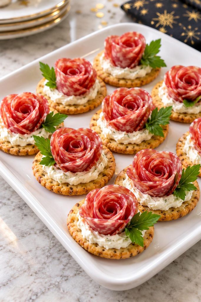 Folded salami roses on crackers with cream cheese and small basil leaves