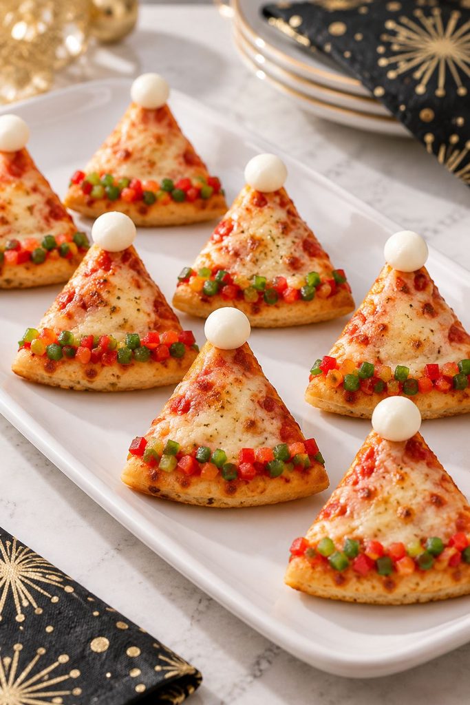 Triangle-shaped mini pizzas decorated like party hats with diced pepper bands and mozzarella pearl pom-poms