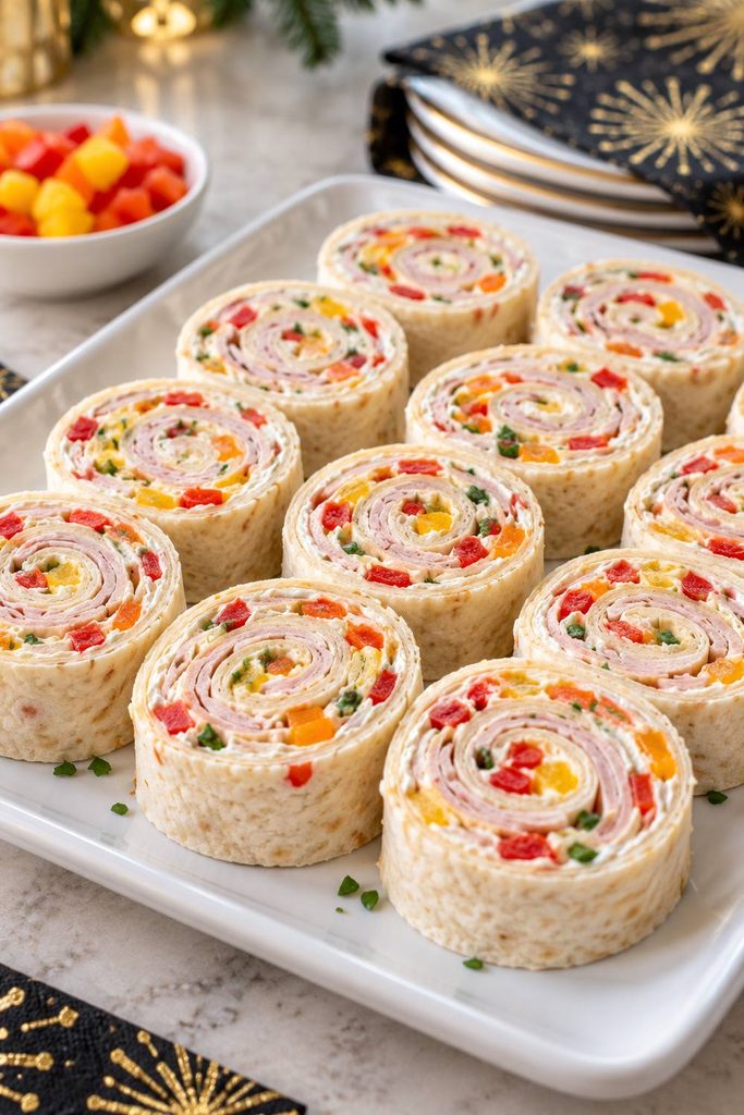 Turkey and cream cheese pinwheel sandwiches with colorful diced pepper confetti in each spiral
