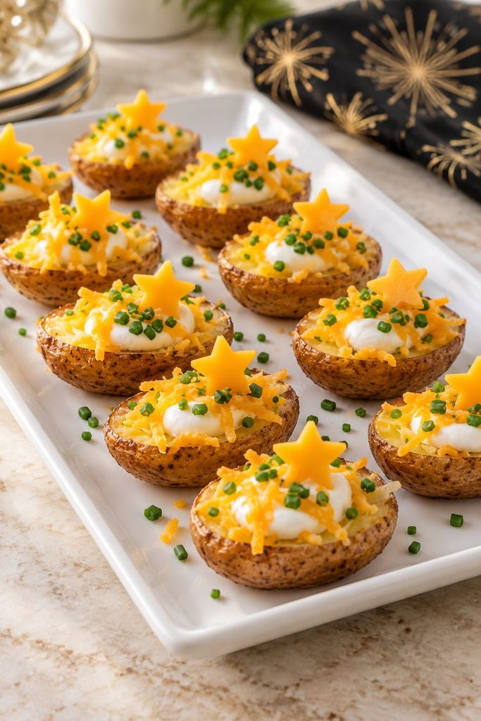 Roasted baby potato halves topped with sour cream, shredded cheddar, chives, and a tiny cheese star