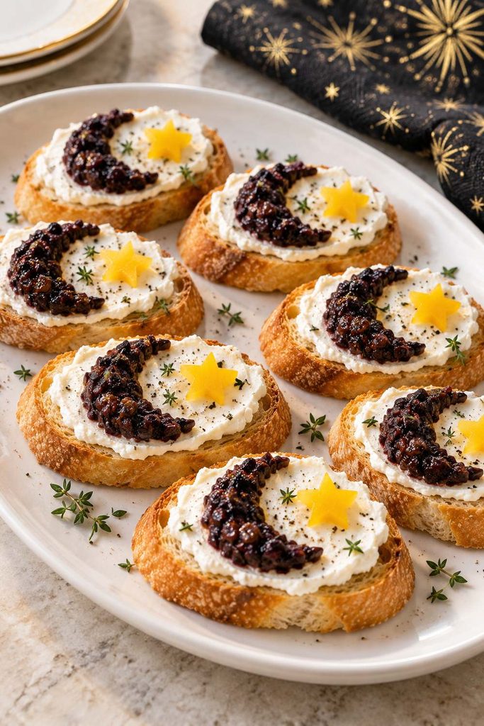Baguette crostini with whipped goat cheese, an olive tapenade crescent moon, and a yellow pepper star