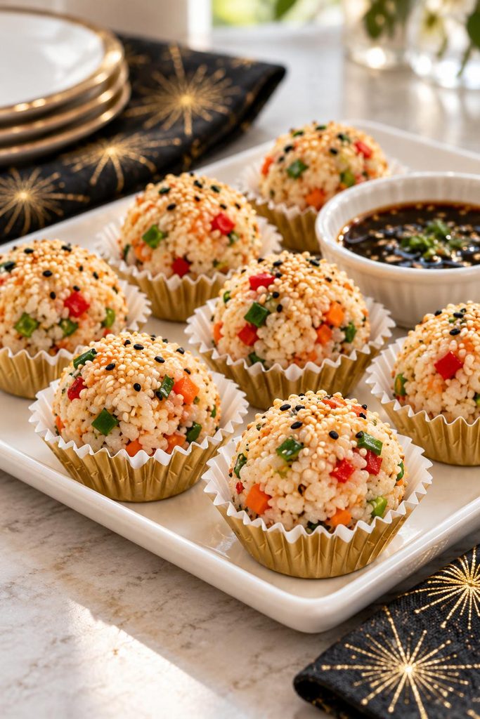 Small rice balls rolled in toasted sesame seeds with carrot and pepper confetti, served in mini paper cups