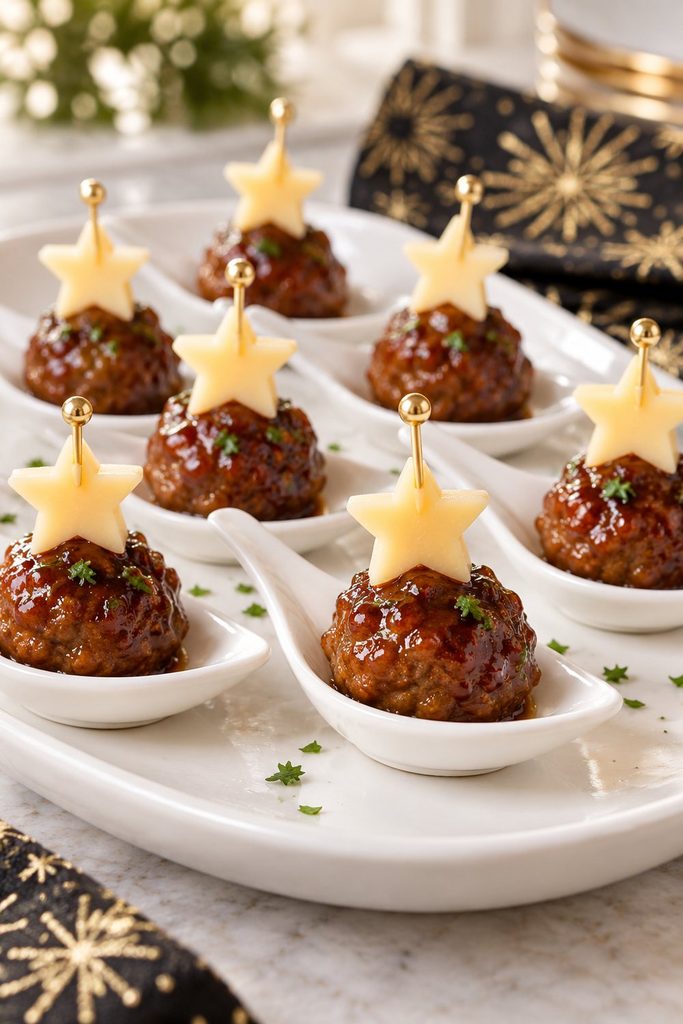 Glazed cocktail meatballs topped with small cheese stars on appetizer picks and served in appetizer spoons