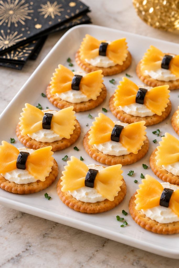 Round crackers topped with cheddar cheese bow ties and small olive square knots