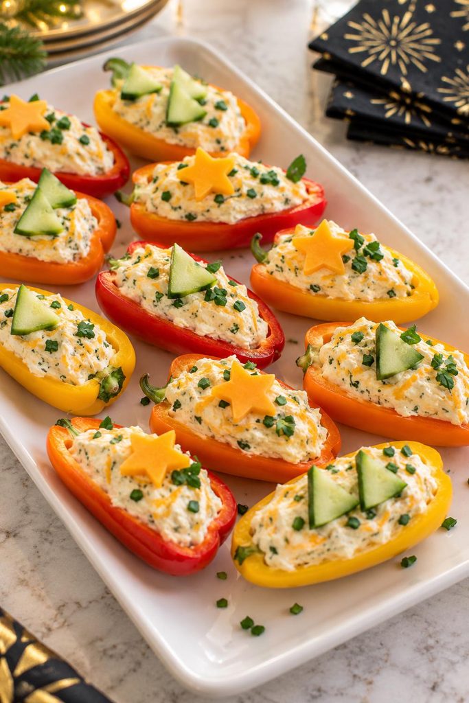 Red, orange, and yellow mini sweet pepper halves stuffed with herbed cream cheese and topped with cheese stars