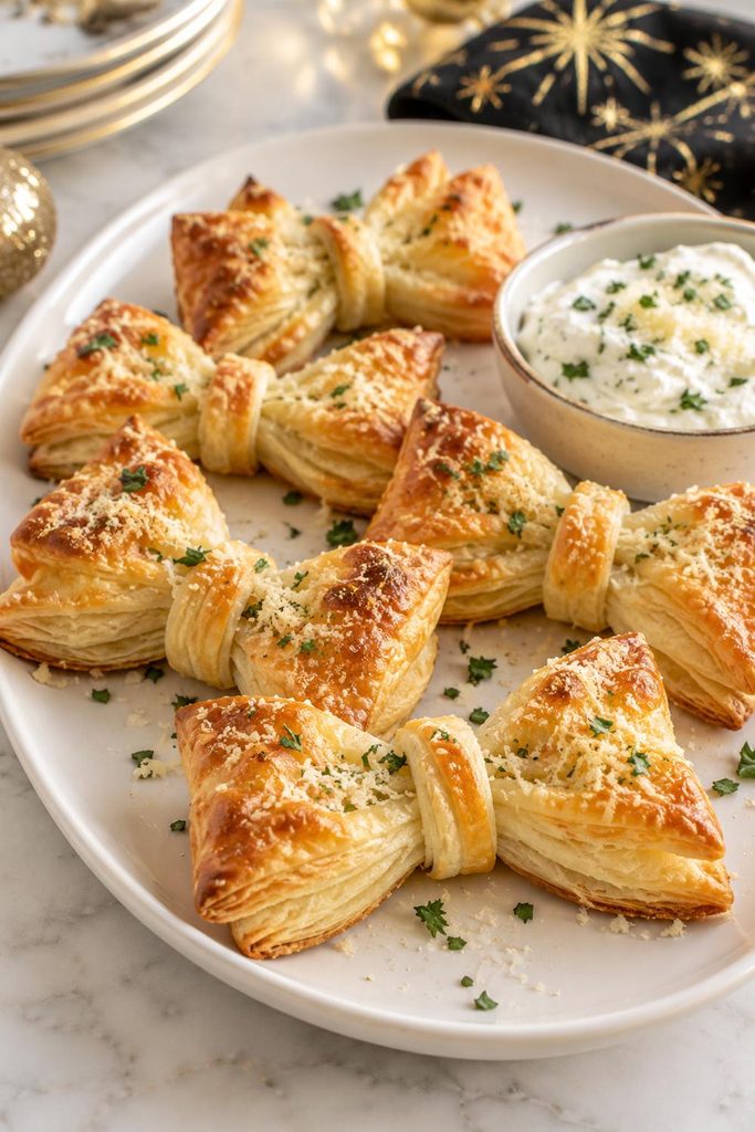 Golden baked puff pastry bow ties sprinkled with Parmesan and served with a creamy dip