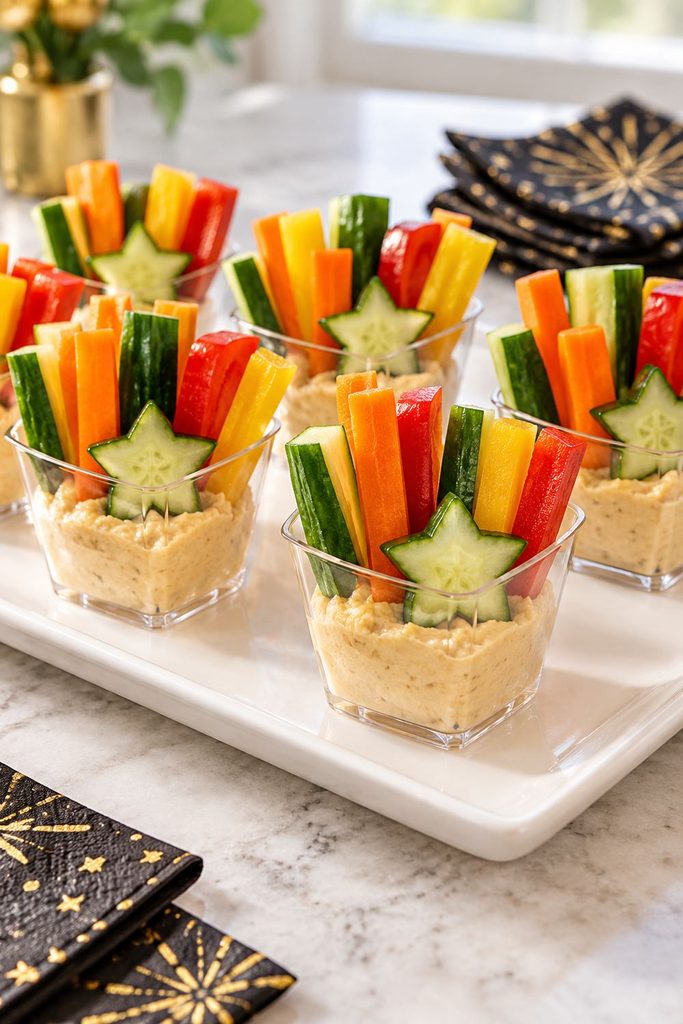 Clear mini cups of hummus with cucumber, carrot, and pepper sticks and a star-shaped cucumber slice