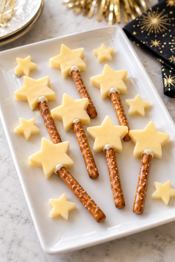 Short pretzel rods topped with cheese stars to look like magic wands, arranged flat on a tray