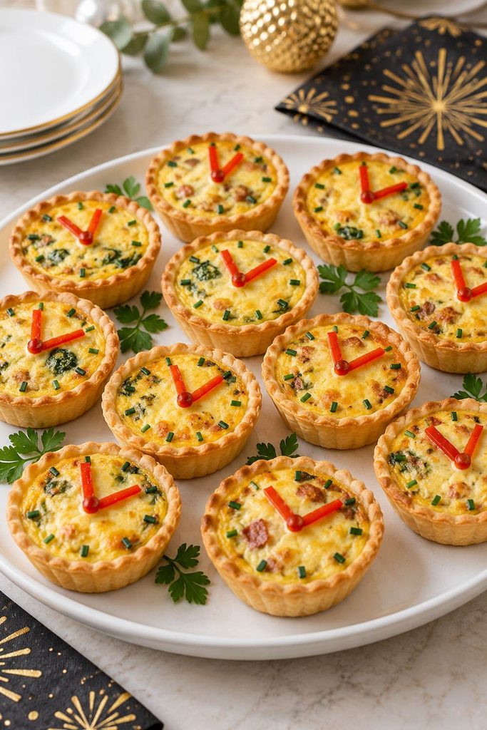 Mini quiches in pastry shells decorated with roasted pepper strips to look like clock hands