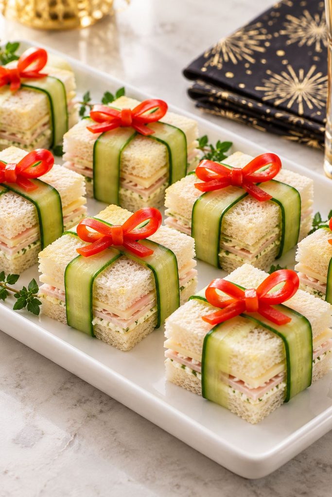 Small square sandwiches wrapped with crossed cucumber ribbons and a pepper bow to look like gift boxes