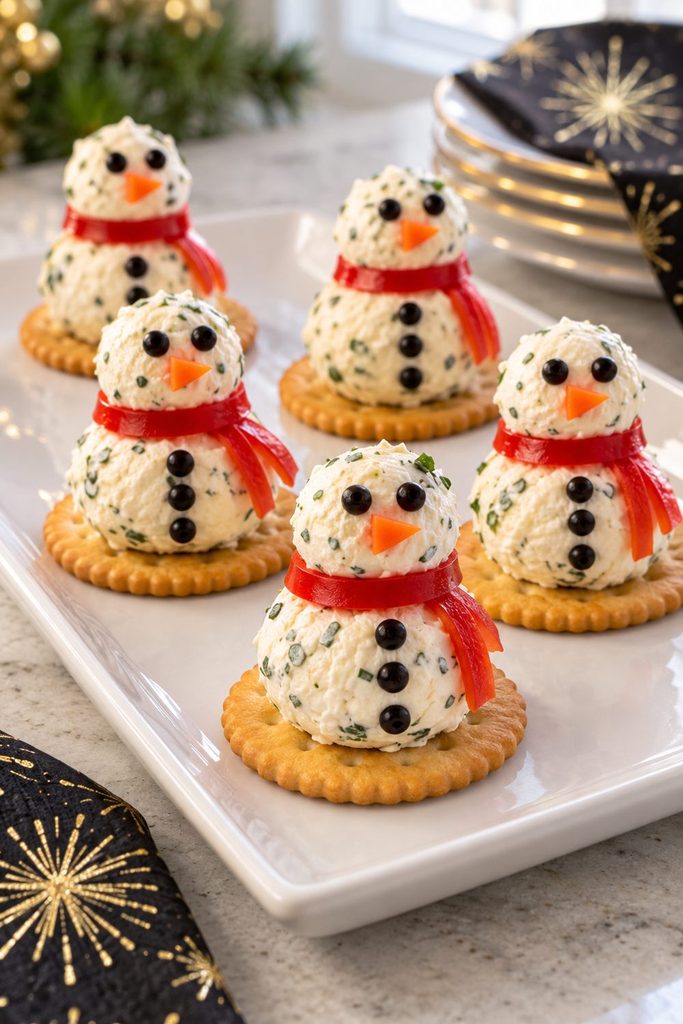 Tiny cream cheese snowmen with olive eyes and buttons, carrot noses, and red pepper scarves on crackers