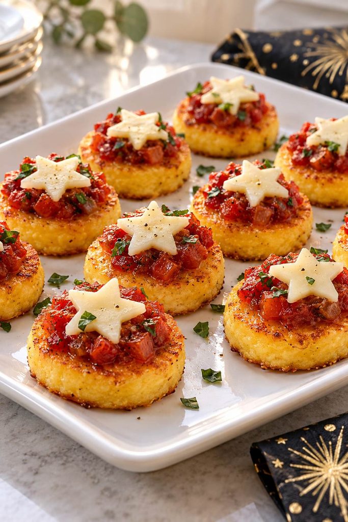 Crisp polenta rounds topped with red tomato relish and small cheese stars