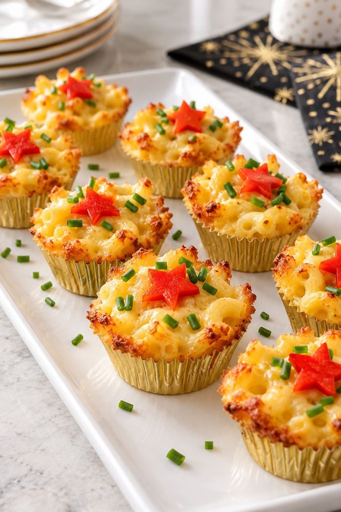 Baked mini mac and cheese cups in paper liners topped with pepper stars and chives