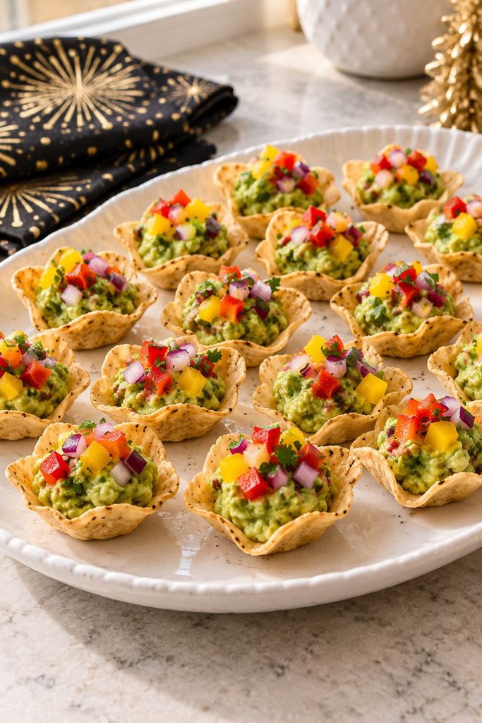 Tortilla scoop chips filled with guacamole and sprinkled with diced red pepper, yellow pepper, and red onion