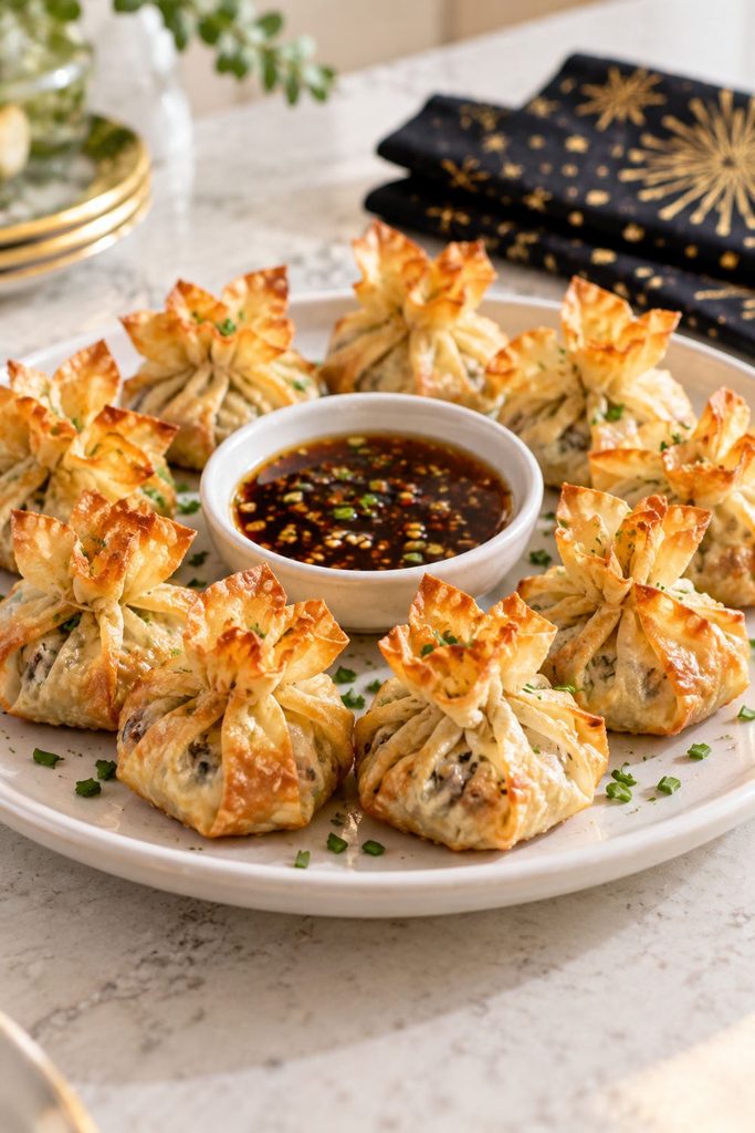 Golden baked wonton wrappers pinched into little purses and arranged around a dipping sauce