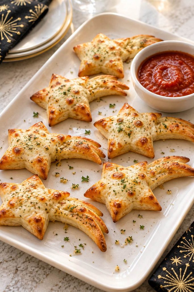 Star-shaped pizza bites with dough tails to look like shooting stars, served with warm pizza sauce