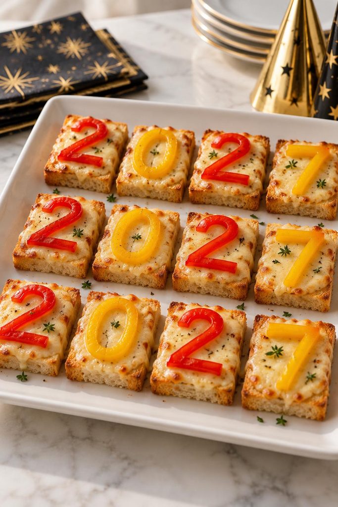 Small cheese toasts decorated with thin pepper strips shaped into the digits of the new year
