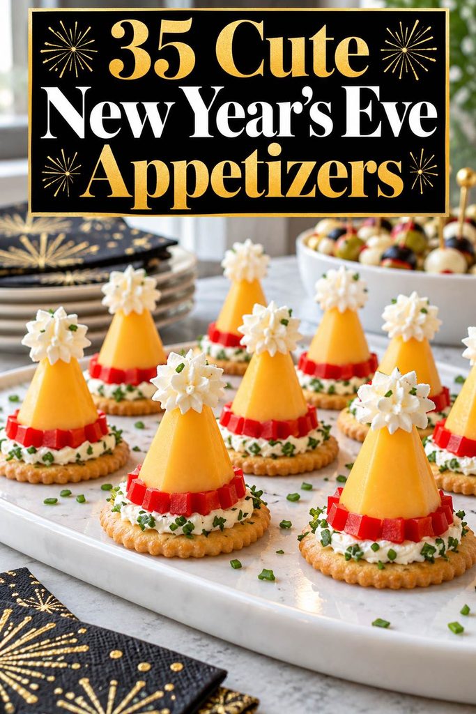 Pinterest pin for cute New Year’s Eve appetizers featuring cheese party hats and mini clock pizzas