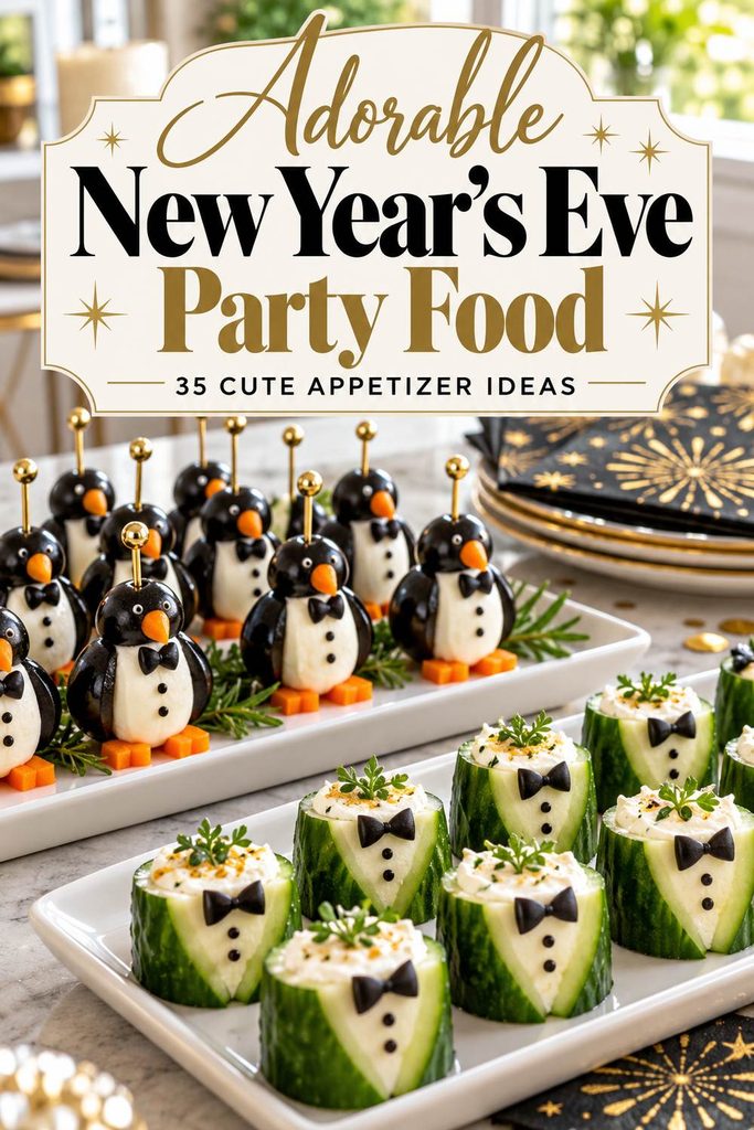 Pinterest pin showing 35 cute New Year’s Eve party snacks including olive penguins and puff pastry stars