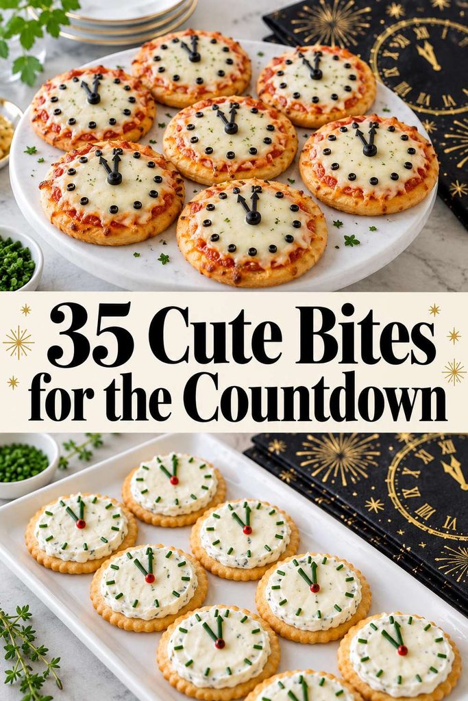 Pinterest pin with easy New Year’s Eve finger food ideas for a festive snack table