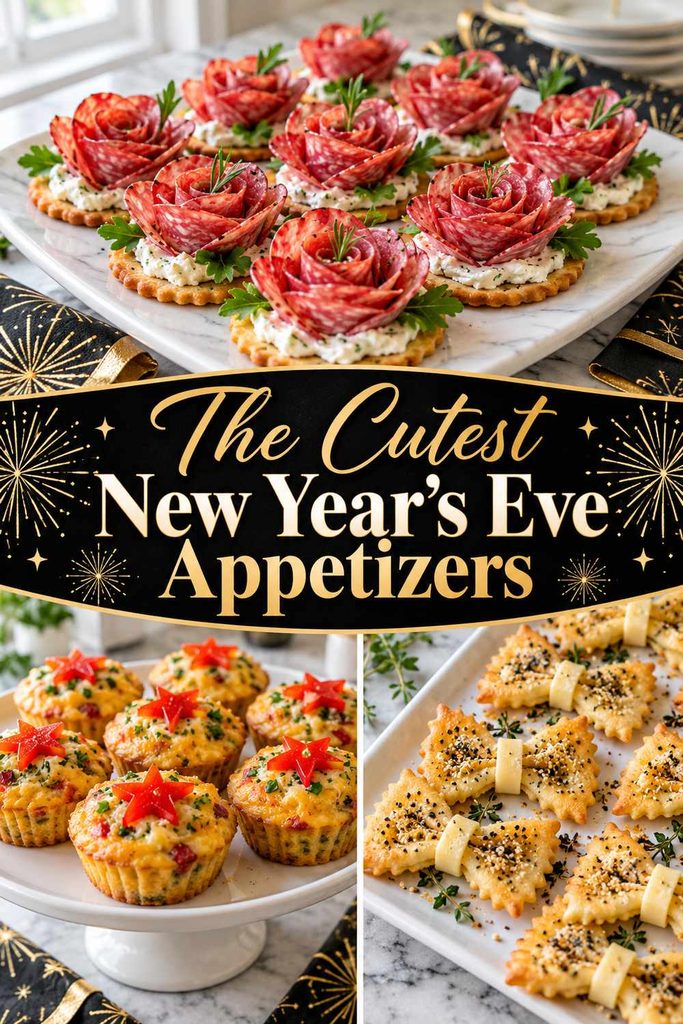 Pinterest pin featuring adorable savory bites for a New Year’s Eve countdown party