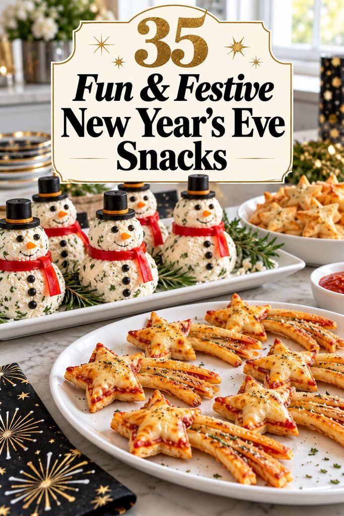 Pinterest pin collage of cute New Year’s Eve appetizers with clocks, stars, and tiny party hats